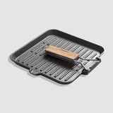 SOGA 24cm Ribbed Cast Iron Square Steak Frying Grill Skillet Pan with Folding Wooden Handle