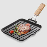 SOGA 24cm Ribbed Cast Iron Square Steak Frying Grill Skillet Pan with Folding Wooden Handle