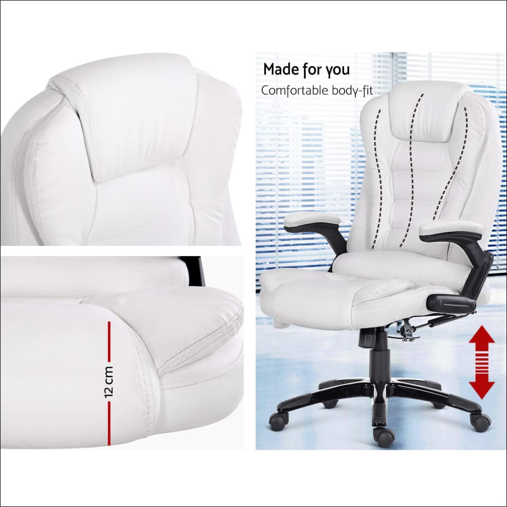 8 Point Pu Leather Reclining Massage Chair - White - 