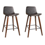 Set Of 2 Pu Leather Bar Stools Square Footrest - Wood And Brown