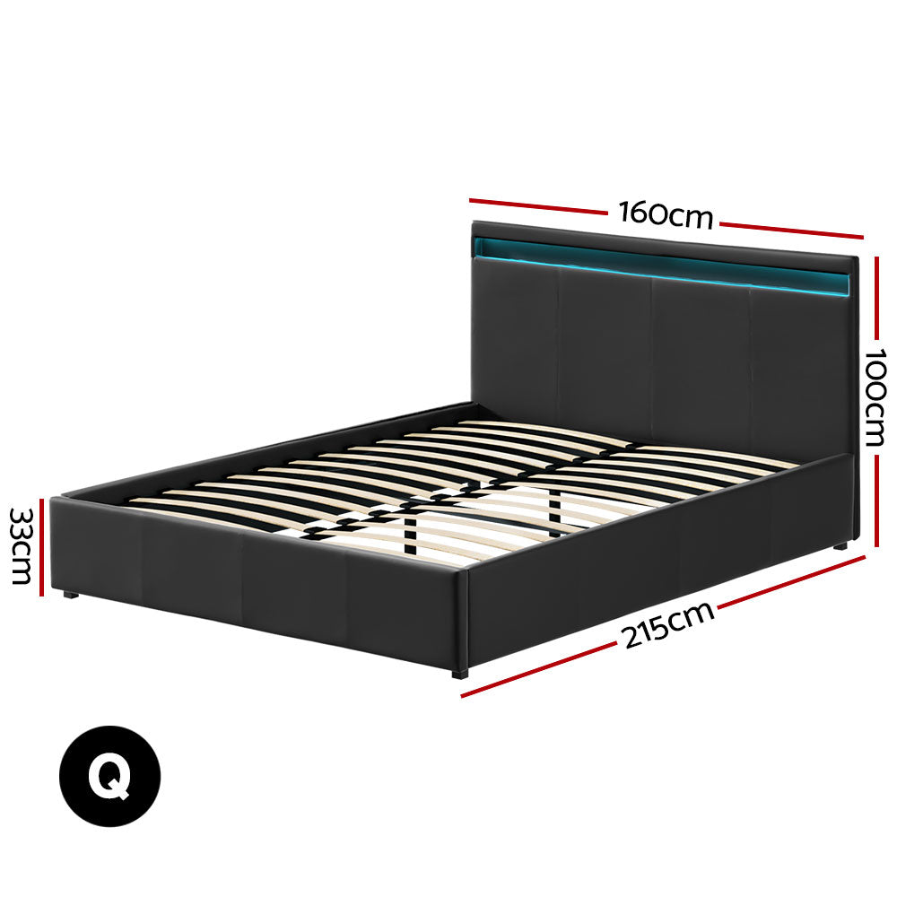 Cole Led Bed Frame Pu Leather Gas Lift Storage - Black Queen