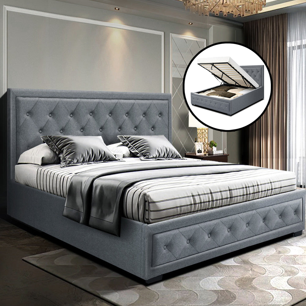 Tiyo Bed Frame Fabric Gas Lift Storage - Grey Queen