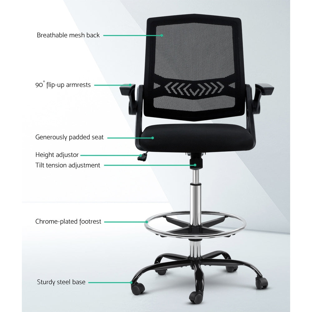 Office Chair Veer Drafting Stool Mesh Chairs Flip up Armrest Black