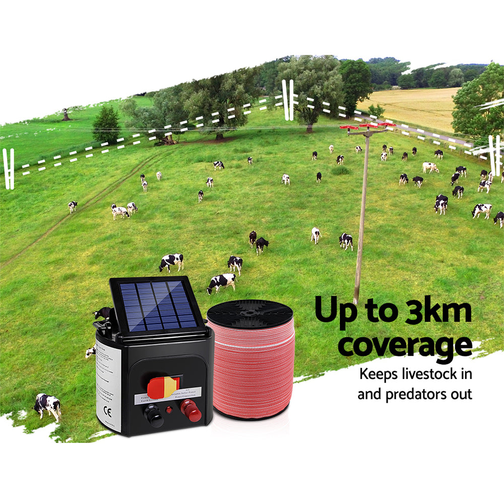 Electric Fence Energiser 3km Solar Powered Energizer Set + 1200m Tape