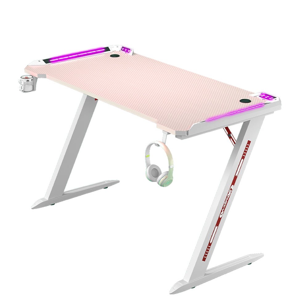 120cm RGB Gaming Desk Home Office Carbon Fiber Led Lights Game Racer Computer PC Table Z-Shaped Pink