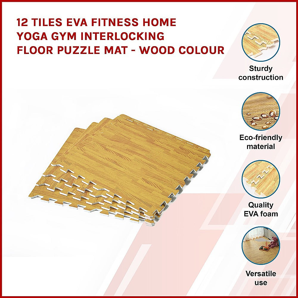 12 Tiles Eva Fitness Home Yoga Gym Interlocking Floor Puzzle Mat - Wood Colour