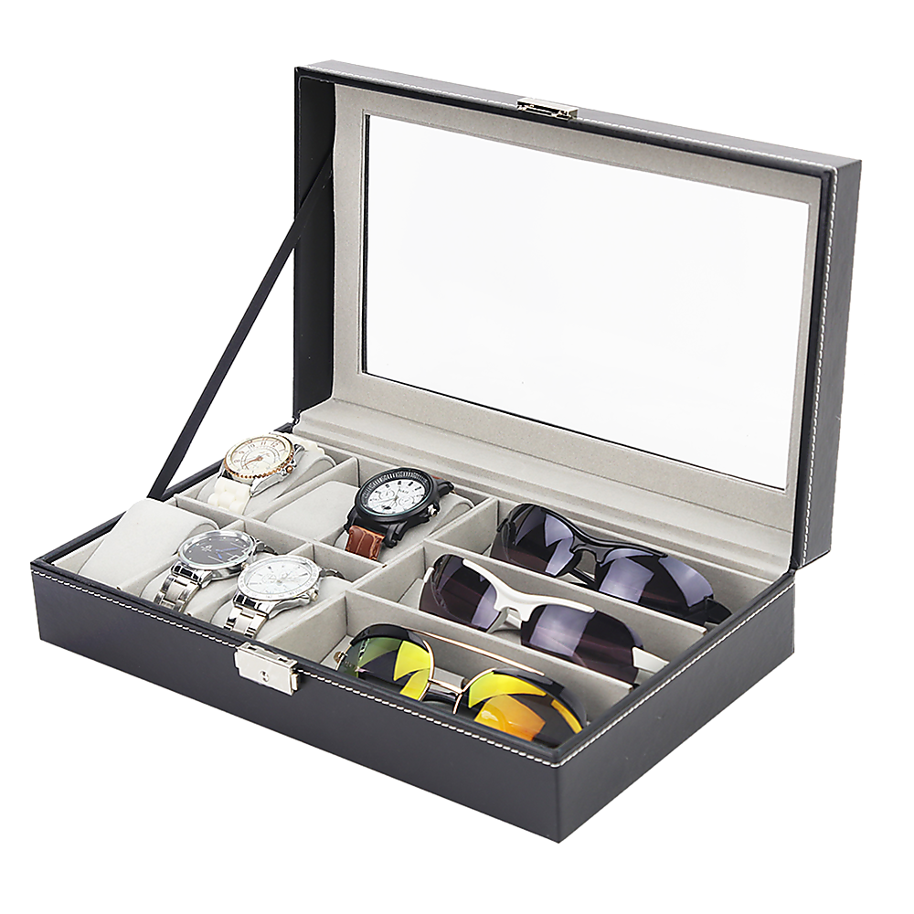 6+3 Grid Watch Sunglass Eyeglasses Display Box Case Storage Organizer Pu Leather