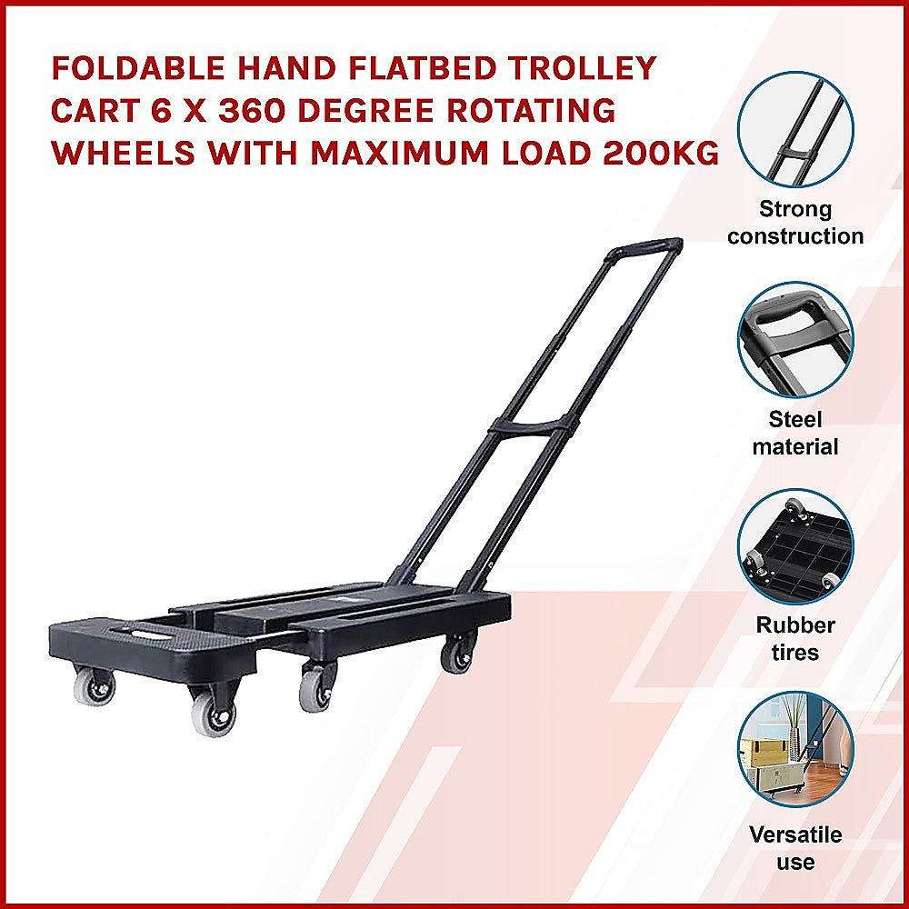 Foldable Hand Flatbed Trolley Cart 6 x 360 Degree Rotating Wheels with Maximum Load 200Kg