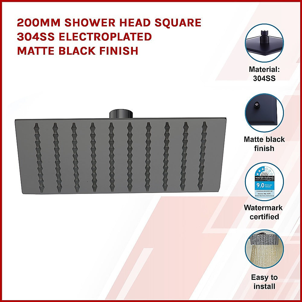 200mm Shower Head Square 304ss Electroplated Matte Black Finish