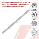 1200mm Bathroom Shower Stainless Steel Grate Drain W/centre Outlet Floor Waste Square Pattern