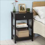 Black Bedside Table with 1 Drawer and 2 Shelves - Furniture 