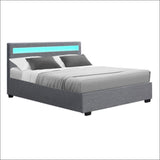 Artiss Cole Led Bed Frame Fabric Gas Lift Storage - Grey 