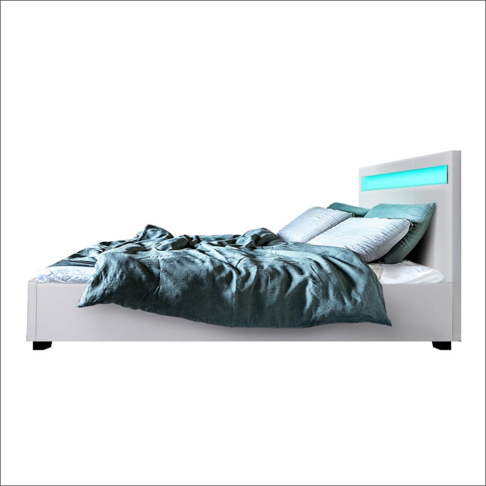 Cole Led Bed Frame Pu Leather Gas Lift Storage - White Queen