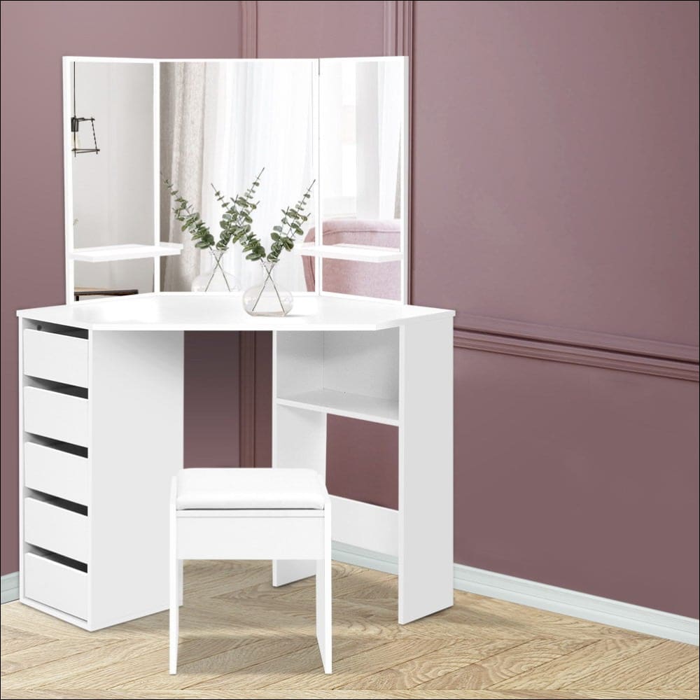 Artiss Corner Dressing Table with Mirror Stool White Mirrors