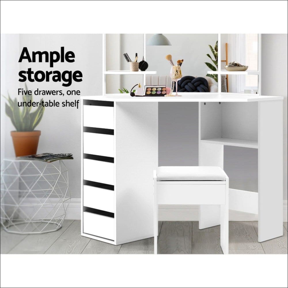 Artiss Corner Dressing Table with Mirror Stool White Mirrors
